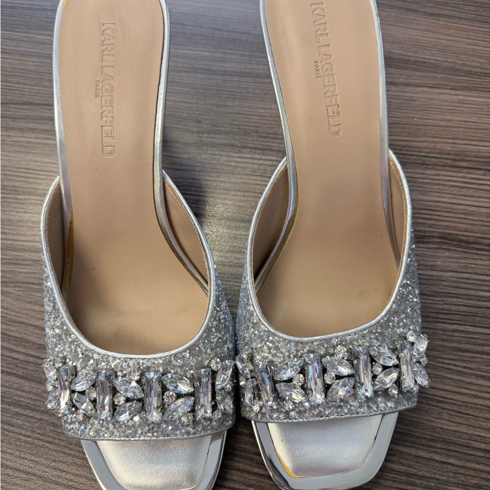 Karl Lagerfeld Silver Crystal-Embellished Slide Mules